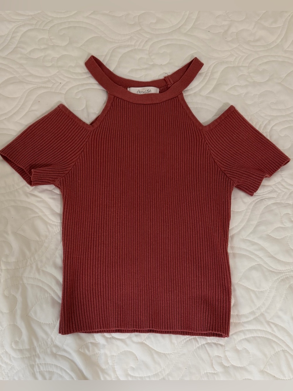 Terracotta Ribbed Cold Shoulder Knit Top M